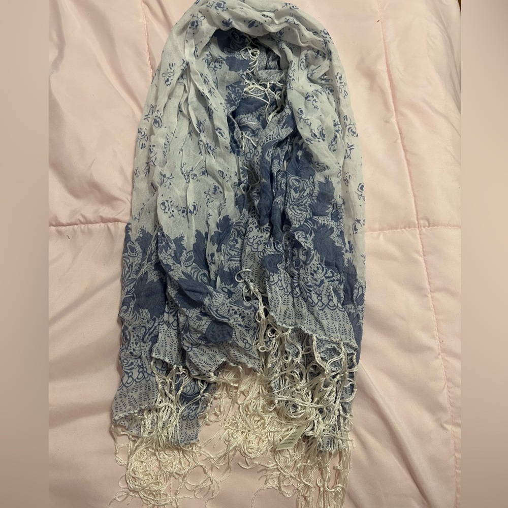 Blue and White Floral Scarf